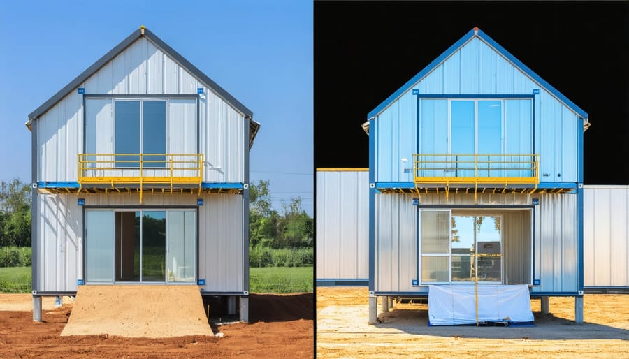 Split image showing modular home construction in factory on left and crane lifting module on site on right