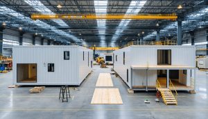 A split image contrasting modular home units being assembled in a factory on one side, and the vibrant assembly of prefabricated components on-site on the other, representing the differences between modular and prefab construction methods.