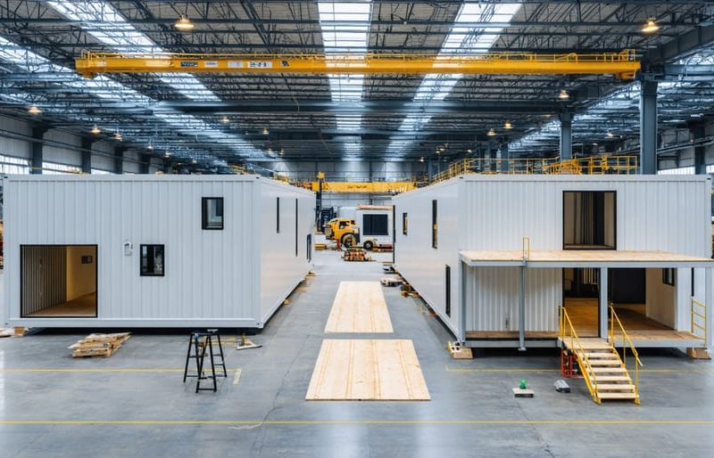 A split image contrasting modular home units being assembled in a factory on one side, and the vibrant assembly of prefabricated components on-site on the other, representing the differences between modular and prefab construction methods.