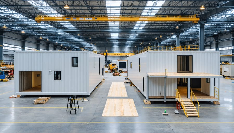A split image contrasting modular home units being assembled in a factory on one side, and the vibrant assembly of prefabricated components on-site on the other, representing the differences between modular and prefab construction methods.
