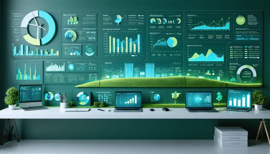 Interactive 3D financial dashboard featuring renewable energy project metrics, including ROI analysis, solar and wind installation performance, and environmental impact assessments.