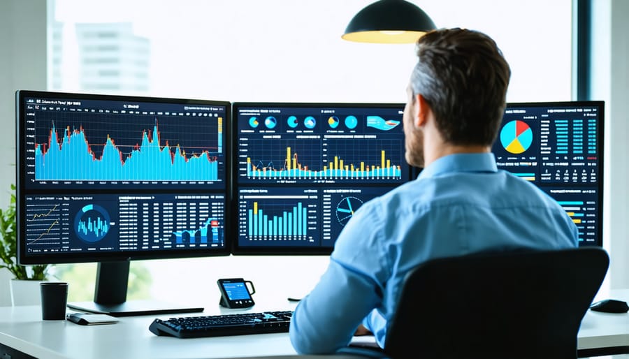 Property manager reviewing financial reports and budget analysis dashboard
