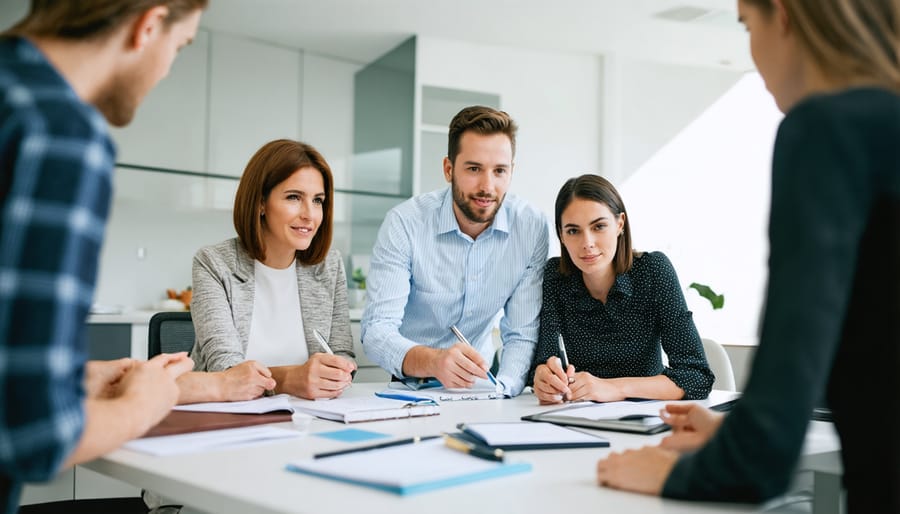 Professional property manager in business attire discussing concerns with diverse group of tenants