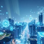 A futuristic cityscape highlighting a blend of real estate and digital innovations, with buildings featuring digital twin overlays, AI analytics, and sustainability elements like green rooftops and solar panels.
