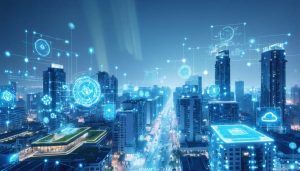 A futuristic cityscape highlighting a blend of real estate and digital innovations, with buildings featuring digital twin overlays, AI analytics, and sustainability elements like green rooftops and solar panels.