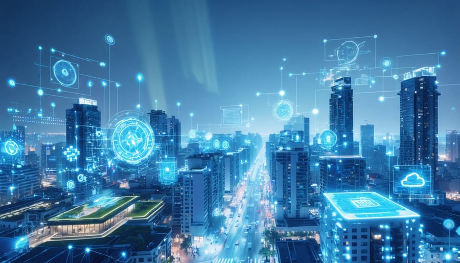 A futuristic cityscape highlighting a blend of real estate and digital innovations, with buildings featuring digital twin overlays, AI analytics, and sustainability elements like green rooftops and solar panels.