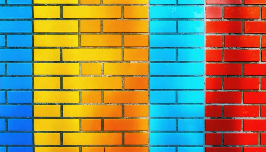 Building wall constructed with multicolored recycled plastic bricks demonstrating sustainable materials
