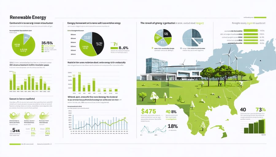 Infographic displaying global renewable energy adoption rates in construction with regional comparison charts