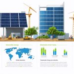 Infographic illustrating the integration of solar, wind, and geothermal energy systems in modern construction, highlighting growth trends and statistical data on renewable energy adoption globally.