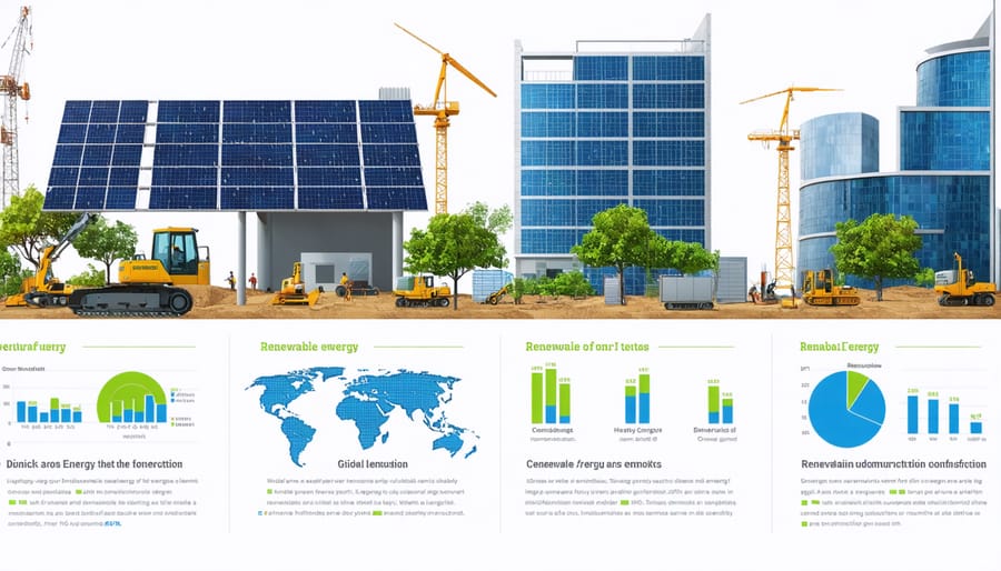 Infographic illustrating the integration of solar, wind, and geothermal energy systems in modern construction, highlighting growth trends and statistical data on renewable energy adoption globally.
