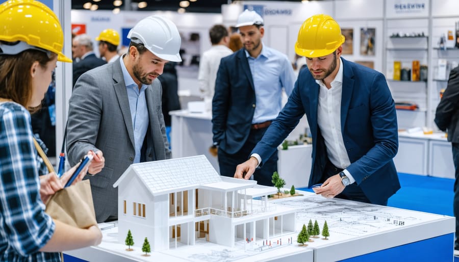 Retail industry professionals networking at a construction trade show with architectural displays