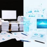 Split-screen comparison of manual paperwork versus automated digital workflows in construction procurement, illustrating the efficiency of RPA technology.