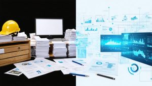Split-screen comparison of manual paperwork versus automated digital workflows in construction procurement, illustrating the efficiency of RPA technology.