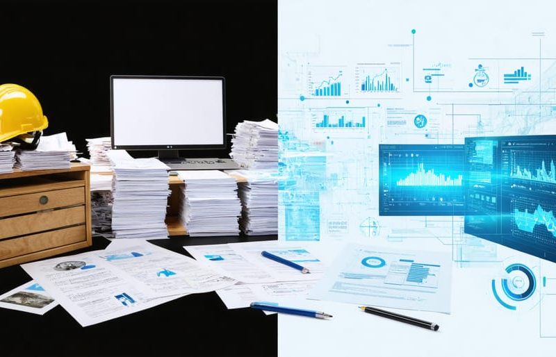 Split-screen comparison of manual paperwork versus automated digital workflows in construction procurement, illustrating the efficiency of RPA technology.