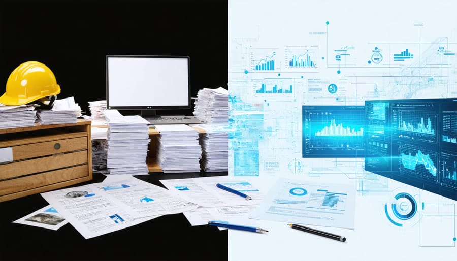Split-screen comparison of manual paperwork versus automated digital workflows in construction procurement, illustrating the efficiency of RPA technology.