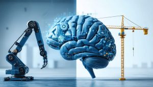 A digital illustration showing a robotic arm processing construction purchase orders and a brain symbolizing AI with gears and machine learning diagrams, set against a backdrop of construction industry elements.