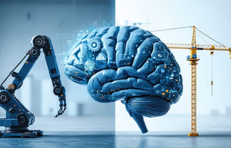 A digital illustration showing a robotic arm processing construction purchase orders and a brain symbolizing AI with gears and machine learning diagrams, set against a backdrop of construction industry elements.