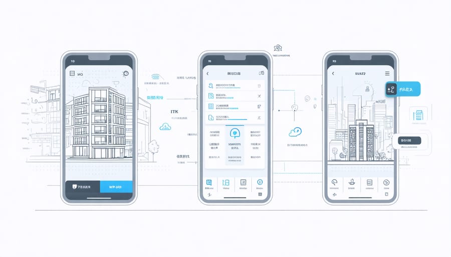 Digital interface showing various smart building technology features and controls