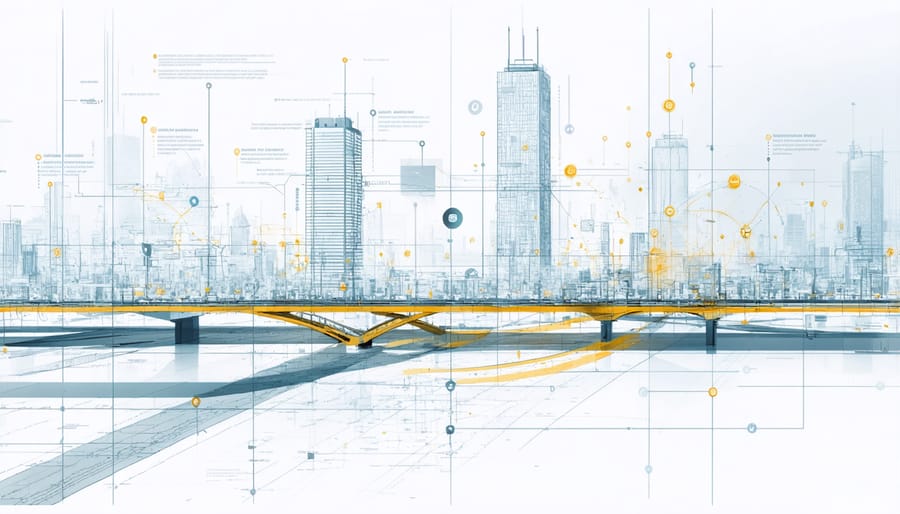 Digital rendering of smart city features including IoT sensors, connectivity hubs, and data visualization