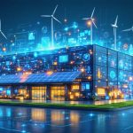 Conceptual illustration of an industrial building showcasing smart energy solutions, including solar panels, wind turbines, advanced LED lighting, and AI-driven HVAC systems.