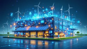 Conceptual illustration of an industrial building showcasing smart energy solutions, including solar panels, wind turbines, advanced LED lighting, and AI-driven HVAC systems.