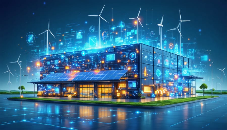Conceptual illustration of an industrial building showcasing smart energy solutions, including solar panels, wind turbines, advanced LED lighting, and AI-driven HVAC systems.