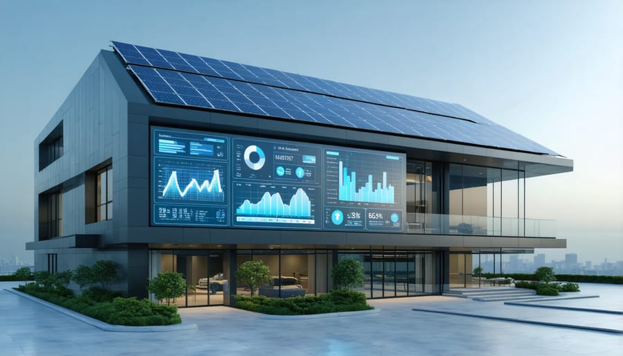 Digital energy management system displaying live energy consumption data in a green building