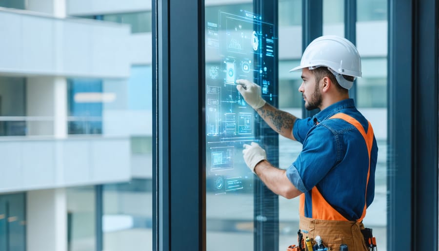 Professional installer securing smart glass panel with specialized equipment