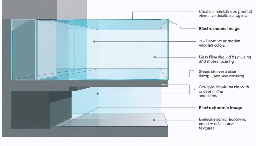 Cross-sectional illustration of smart glass layers including electrodes, ion storage, and electrochromic material