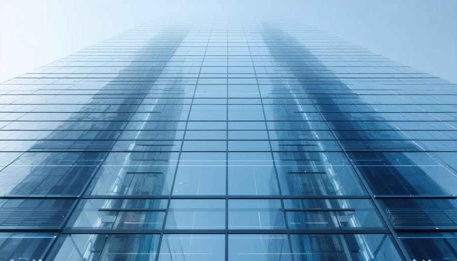 Conceptual illustration of a modern skyscraper showcasing smart glass technology, with windows shifting from clear to tinted states, highlighting energy efficiency and advanced architectural integration.