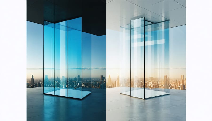 Office building windows demonstrating smart glass switching between clear and darkened states