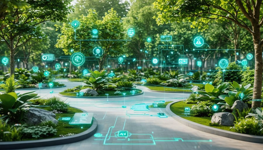 Modern urban park featuring smart technology integration with visible sensors and digital displays monitoring environmental conditions
