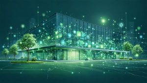 Illustration of a modern building with interconnected IoT devices and smart sensors, highlighting the role of HVAC energy management systems in optimizing building efficiency.