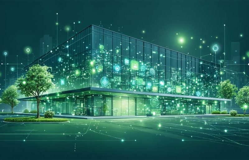 Illustration of a modern building with interconnected IoT devices and smart sensors, highlighting the role of HVAC energy management systems in optimizing building efficiency.