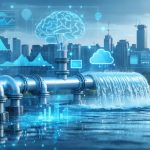 Conceptual illustration of smart water technology in construction, showing IoT sensors on pipes, data analytics visualizations, and AI-driven automated systems against a futuristic cityscape.