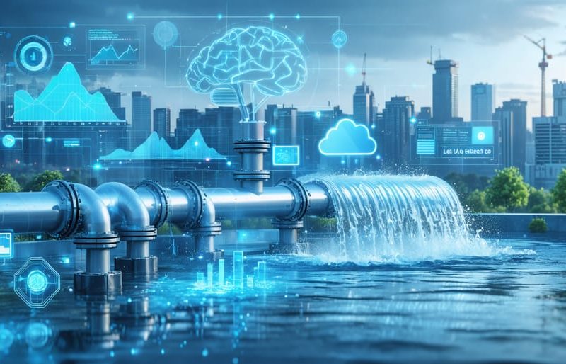 Conceptual illustration of smart water technology in construction, showing IoT sensors on pipes, data analytics visualizations, and AI-driven automated systems against a futuristic cityscape.