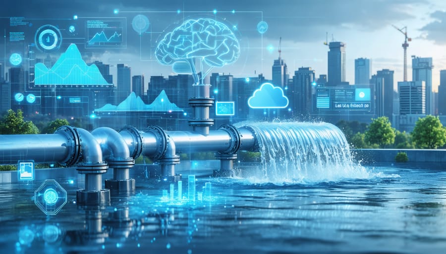 Conceptual illustration of smart water technology in construction, showing IoT sensors on pipes, data analytics visualizations, and AI-driven automated systems against a futuristic cityscape.