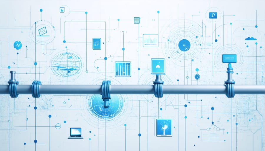 Smart water sensors monitoring water flow with digital readouts and wireless connectivity indicators