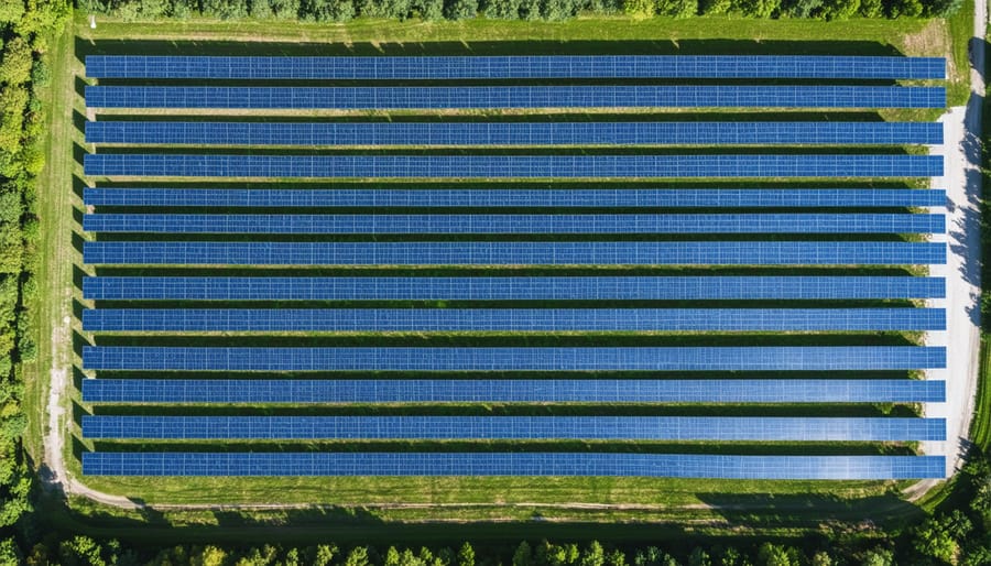 Large-scale solar installation with superimposed financial performance metrics and ROI data