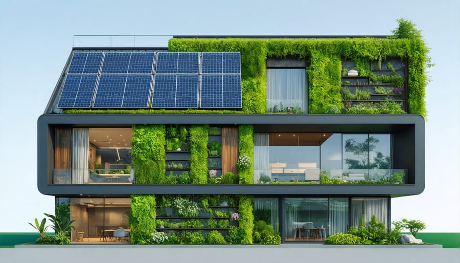 Contemporary sustainable office building with integrated green technologies