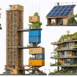 A collage of cutting-edge sustainable construction projects featuring a wooden high-rise, recycled plastic brick buildings, shipping container offices, and 3D-printed earth houses, illustrating the diversity of eco-friendly materials in modern architecture.