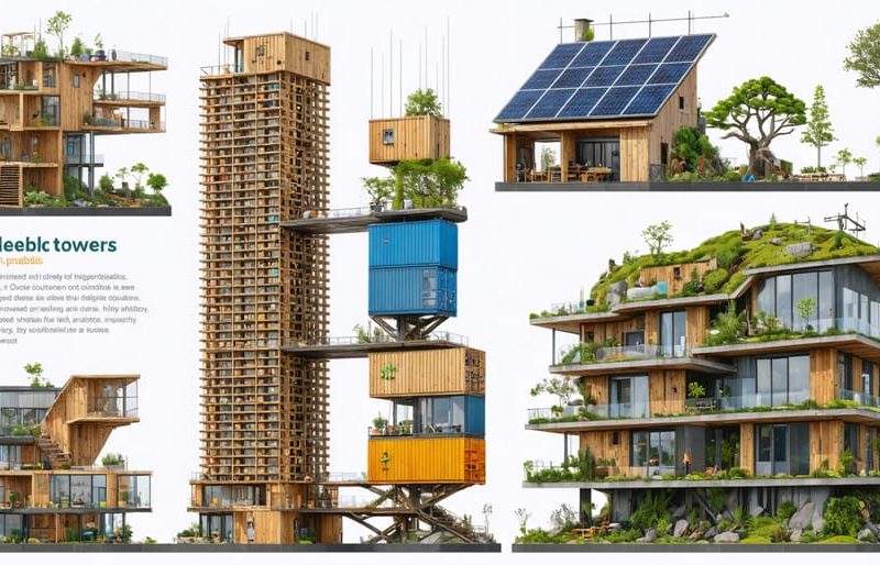 A collage of cutting-edge sustainable construction projects featuring a wooden high-rise, recycled plastic brick buildings, shipping container offices, and 3D-printed earth houses, illustrating the diversity of eco-friendly materials in modern architecture.