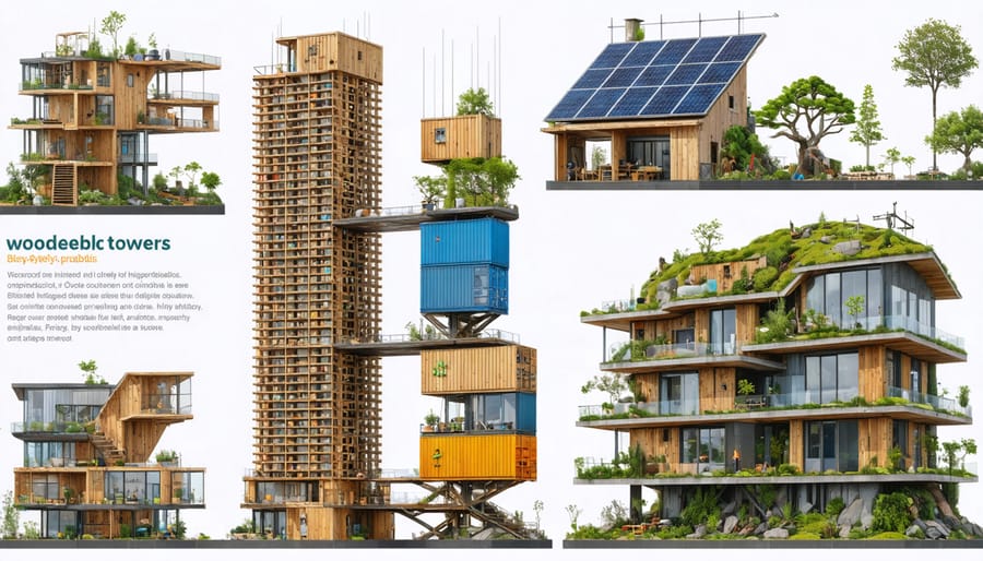 A collage of cutting-edge sustainable construction projects featuring a wooden high-rise, recycled plastic brick buildings, shipping container offices, and 3D-printed earth houses, illustrating the diversity of eco-friendly materials in modern architecture.