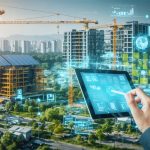 Illustration of a construction site featuring advanced technology interfaces, solar panels, and green urban elements depicting sustainability and profitability.