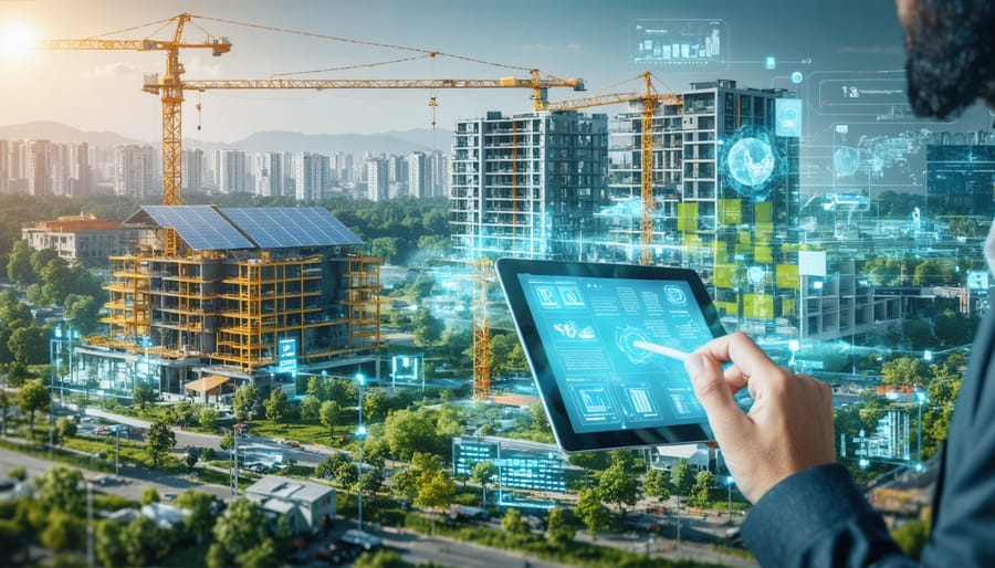 Illustration of a construction site featuring advanced technology interfaces, solar panels, and green urban elements depicting sustainability and profitability.