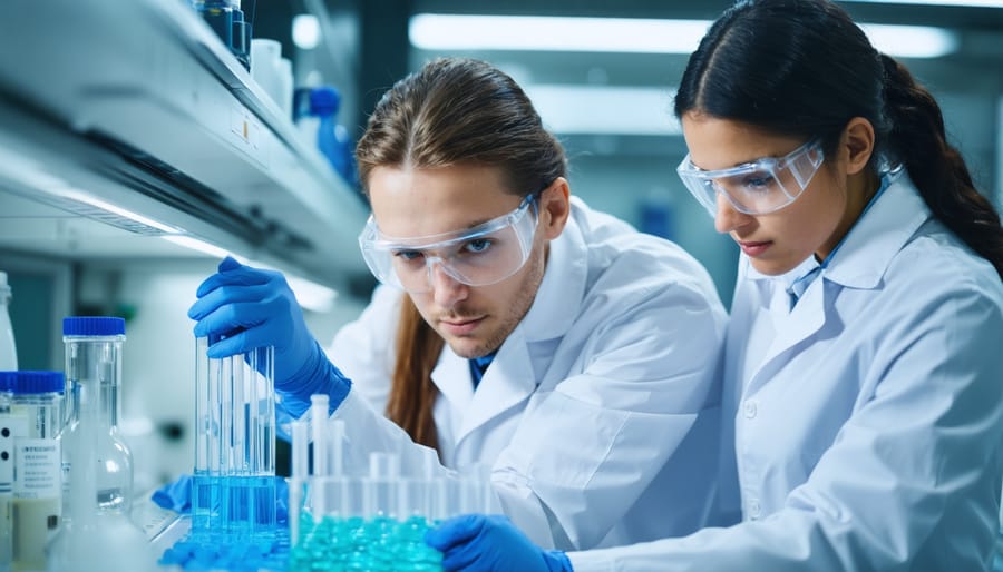 Academic and industry professionals working together in green building materials laboratory