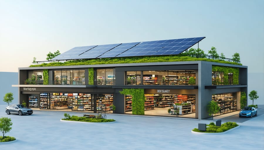 Sustainable retail building showcasing various green building features and certifications