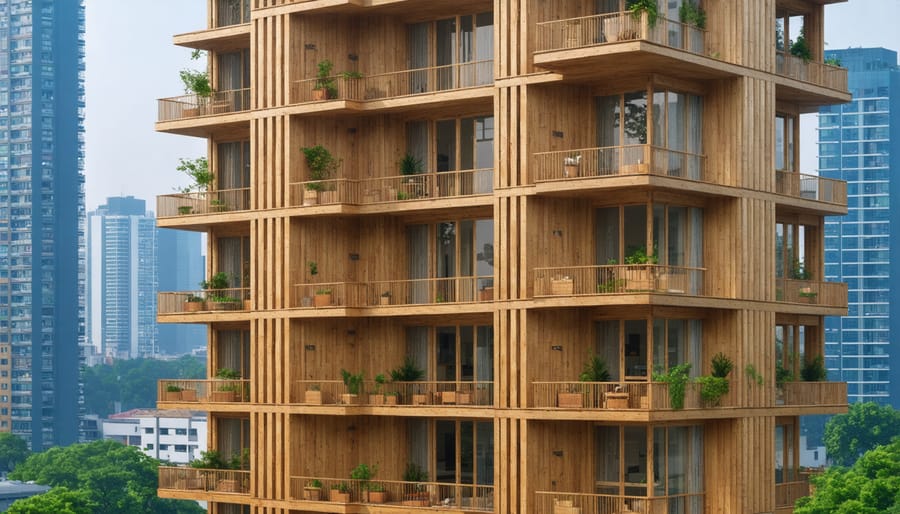 Completed tall building constructed primarily from sustainable wood materials