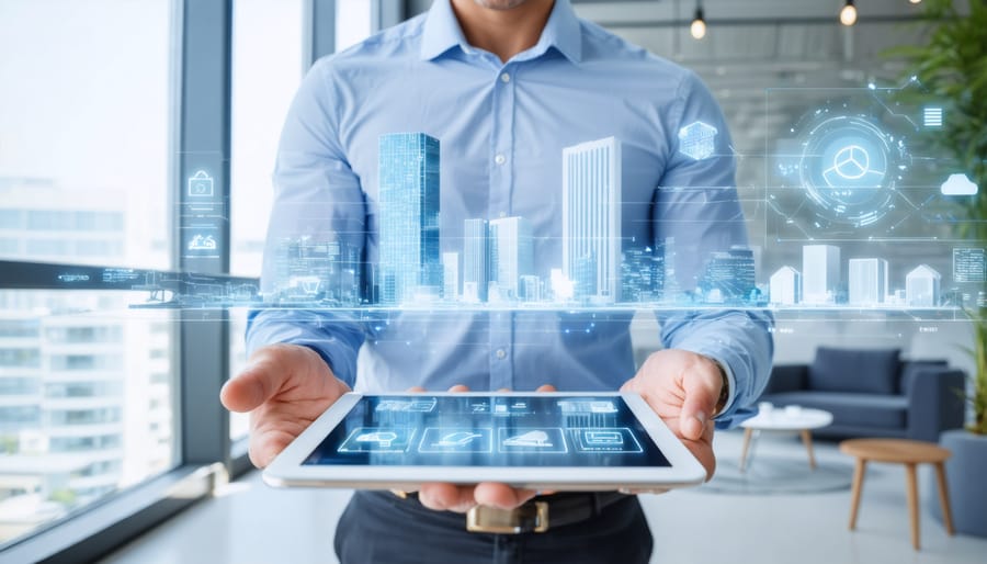 Property manager showing digital tenant platform features to office workers