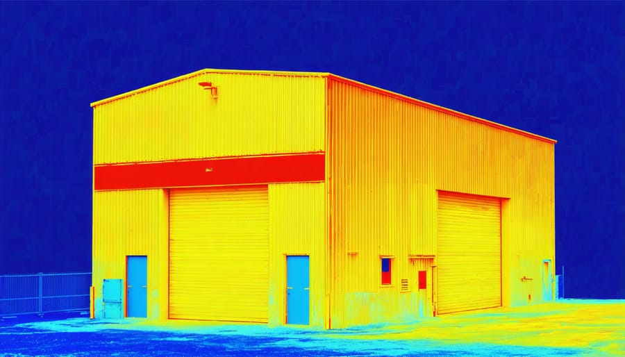 Infrared thermal image revealing energy efficiency problems in industrial building envelope